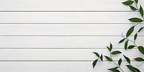 white wood wall with green leaves background, copy space for text, illustration, Generative, AI