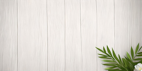 white wood wall with green leaves background, copy space for text, illustration, Generative, AI