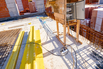 Electric power supply at construction site, electrical control circuit breaker board with fuses,...