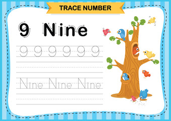 Numbers exercise with cartoon vocabulary.Trace number design for learning handwriting illustration  vector