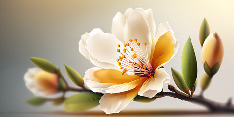 Spring banner, single almond flower close up. Generative AI.