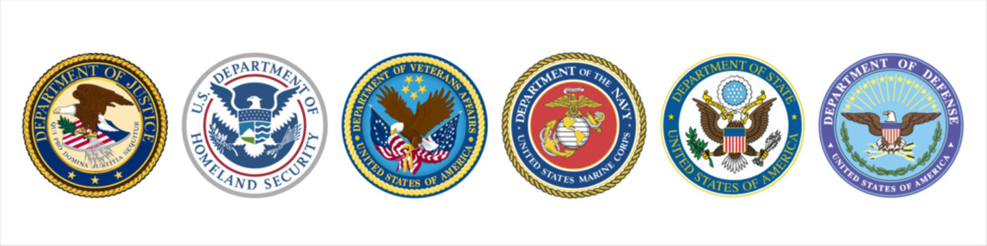 United States Department of Defence Cooperation. Logo set Homeland Security, US Navy, Marine Corps, USA Space Force icons. Editorial Vector.