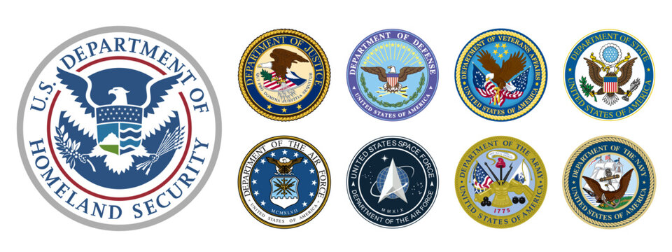 United States Department of Defense Security Cooperation. Logo set Homeland Security, US Navy, Marine Corps, USA Space Force icons. Editorial Vector.