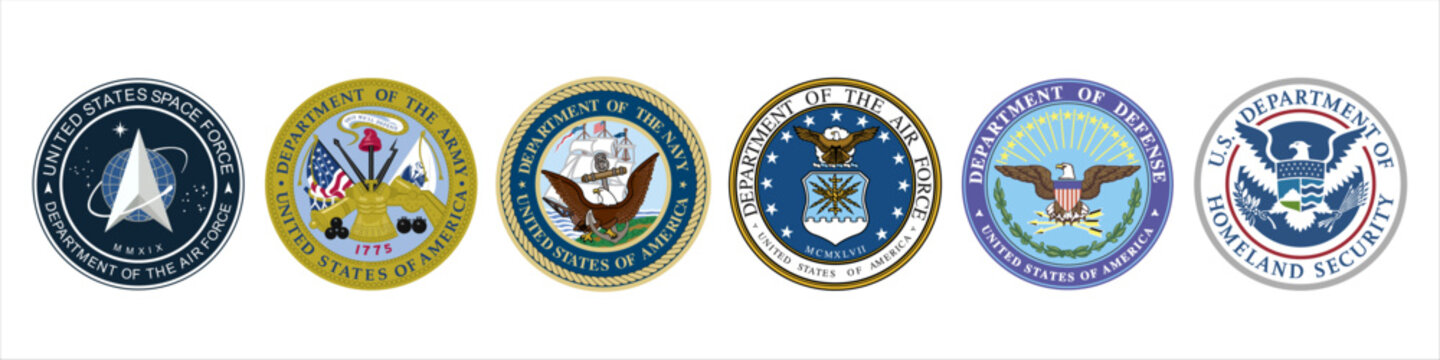 Logo set Homeland Security, US Navy, Marine Corps, USA Space Force icons. United States Department of Defense Security Cooperation. Editorial Vector.