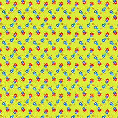 Summer joyful floral pattern of simple red and blue flowers on a bright yellow background