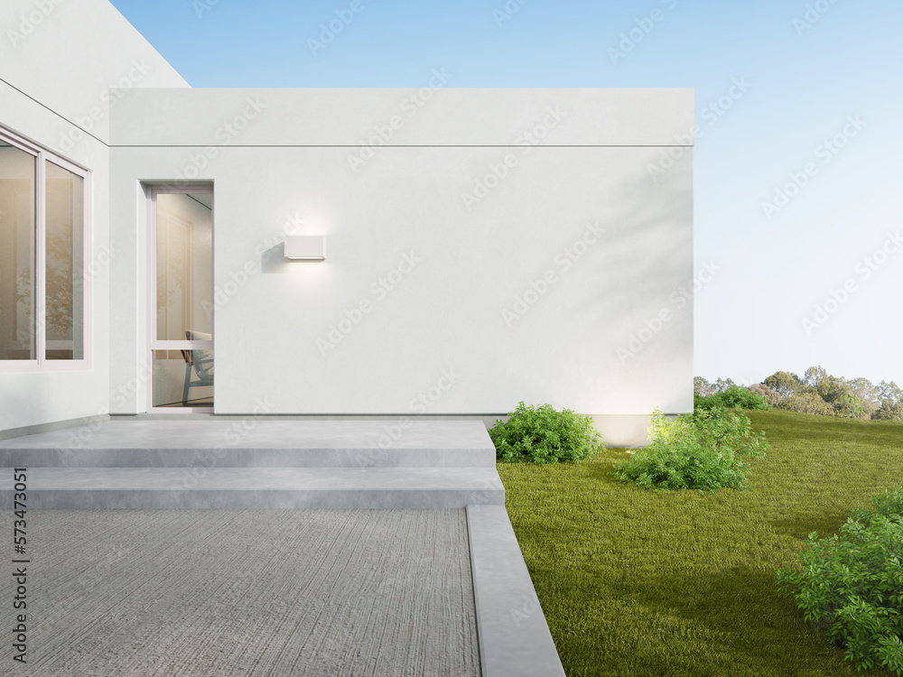 Poster 3d rendering of modern building entrance with large white wall. Minimal architecture.