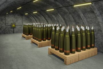Underground military storage of 155mm artillery gun shells - 3D rendering - obrazy, fototapety, plakaty