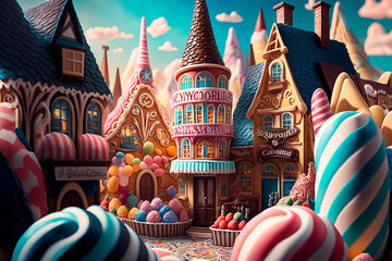 An imaginative and playful scene of a vibrant city, where everything is made of sweets and candies, generative ai illustration.