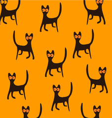 Cat pattern with many black cats at orange background