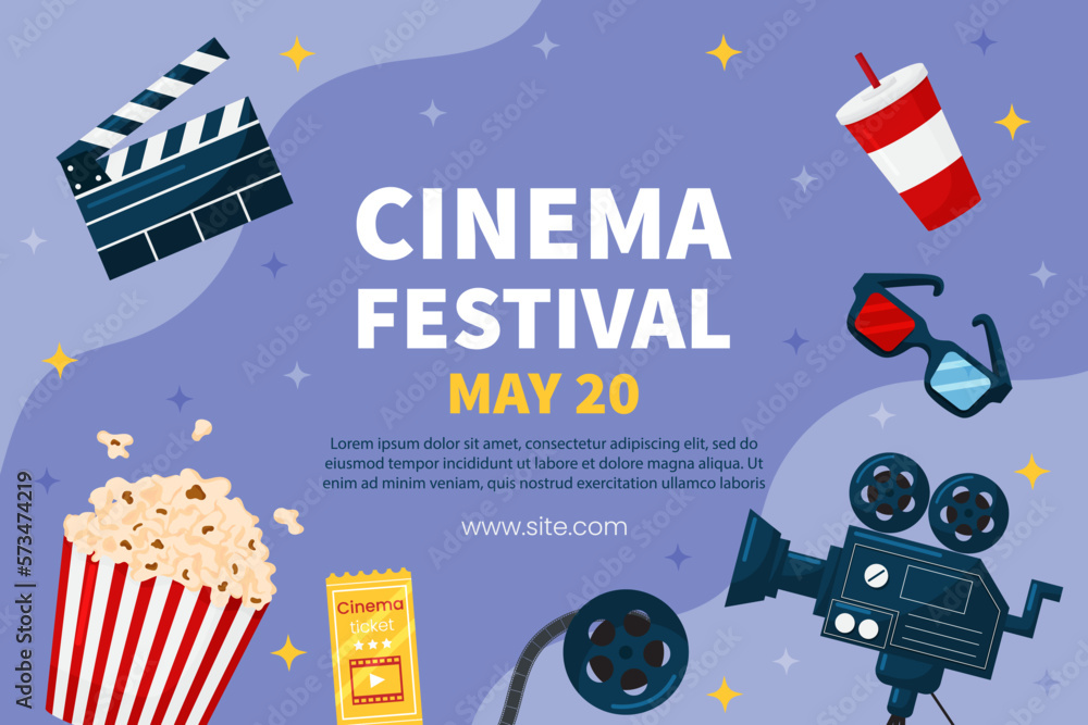 Wall mural Vector horizontal template cinema movie festival poster card. Popcorn basket, ticket, clapper, 3d glasses on violet background. Flyer or brochure for event