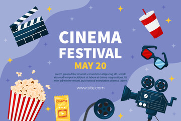 Vector horizontal template cinema movie festival poster card. Popcorn basket, ticket, clapper, 3d glasses on violet background. Flyer or brochure for event