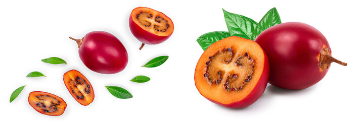 Fresh tamarillo fruit with leaves isolated on white background. Top view. Flat lay