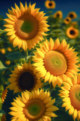 Beautiful sunflowers close-up in the field. AI generated.