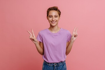 Young beautiful smiling woman showing victory gesture with both hands