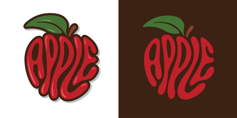 Fresh red apple fruit typography sign. Hand drawn apple word lettering for logo, label, badge, emblem. Glossy colorful sticker. Vector illustration.