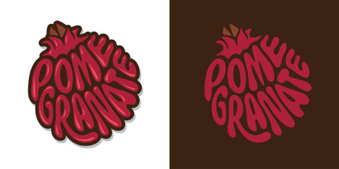 Fresh pomegranate fruit typography sign. Hand drawn pomegranate word lettering for logo, label, badge, emblem. Glossy colorful sticker. Vector illustration. - obrazy, fototapety, plakaty