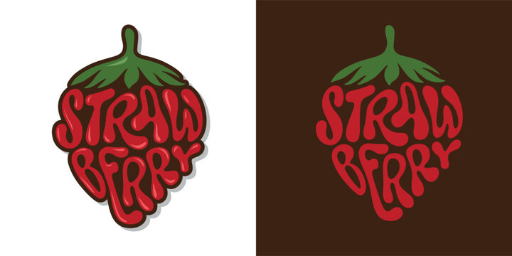 Fresh strawberry typography sign. Hand drawn strawberry word lettering for logo, label, badge, emblem. Glossy colorful sticker. Vector illustration.