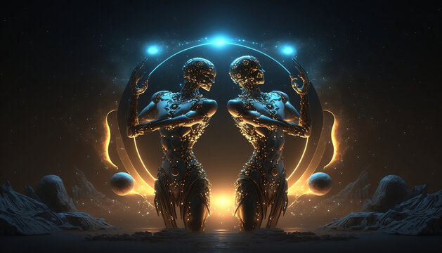 Illustration of the zodiac sign geminis, on the primordial darkness. generative ai