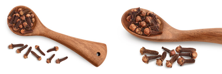Dry spice cloves in wooden spoon isolated on white background . Top view. Flat lay