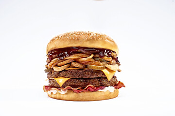 Double beef burger with ketchup, cheese, mushroom, and mayonnaise on isolated white background.