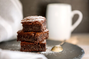 Dark chocolate brownies stack, copy space