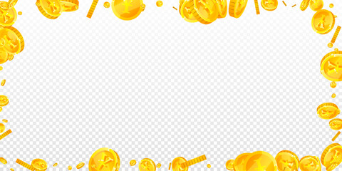 Japanese yen coins falling. Scattered gold JPY