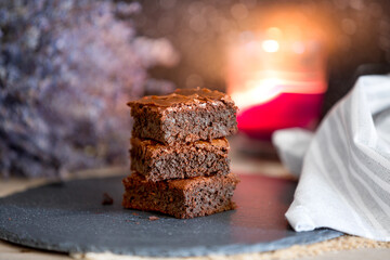 Dark chocolate brownies stack, lavender flowers