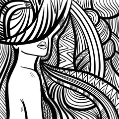 Black and white psychedelic line art with the abstract woman. Doodles and lines abstract hand-drawn vector art.