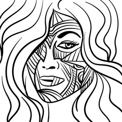 Black and white psychedelic line art with the abstract woman. Doodles and lines abstract hand-drawn vector art.