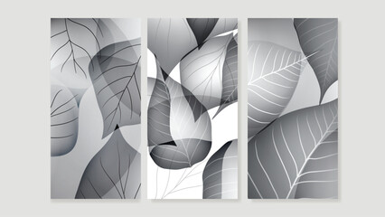 Abstract wall art background vector set. Botanical leaves lines collage with black and white monochrome, silhouette texture. Elegant design for home decoration, cover, poster, banner, wallpaper.