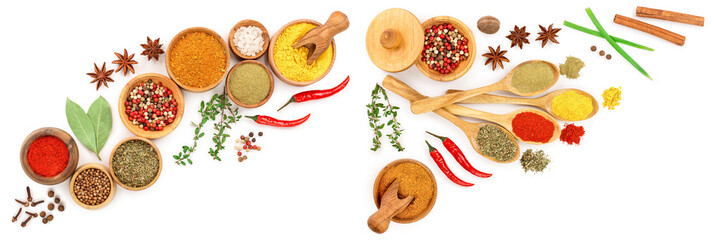 mix of spices in wooden spoon isolated on a white background with copy space for your text. Top view. Flat lay. Set or collection