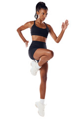 A determined and focused fitness athlete is dedicatedly set on her running exercises and workout. Young woman with fit body doing cardio training isolated on a png background.
