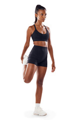 A motivated female athlete stretching out her legs before training indoors to stay healthy and to warms up her strong muscles isolated on a png background.
