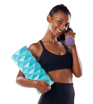 A slim female fitness instructor holding dumble weights and exercise equipment or tools for workout isolated on a png background.
