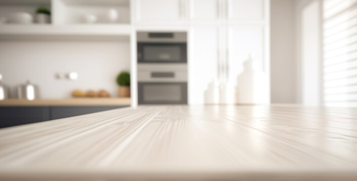 Selective focus.Wood table top counter island  and blur kitchen room background.ai generated images