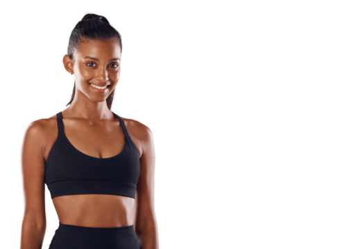 A healthy and a happy female athlete with a smile and maintaining wellness and body care with copy space isolated on a png background.