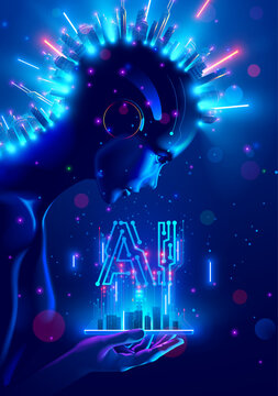AI robot look at logo AI hanging over phone in hand. Artificial intelligence technology conceptual vertical banner. Futuristic digital tech of data processing. Robot or cyborg analys big datum.