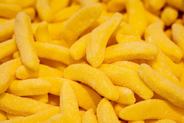 Tasty jelly candies in shape of banana, close up.