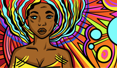 Colourful psychedelic line art with abstract woman. Doodles and lines abstract hand-drawn vector art.