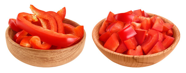 slices of red sweet bell pepper in wooden bowl isolated on white background with full depth of field