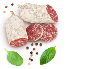 Cured salami sausage isolated on white background. Italian cuisine with full depth of field. Top view with copy space for your text. Flat lay