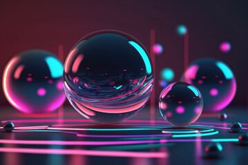 3D render realistic neon lights lines and bubbles  background vector design illustration. Generative ai.
