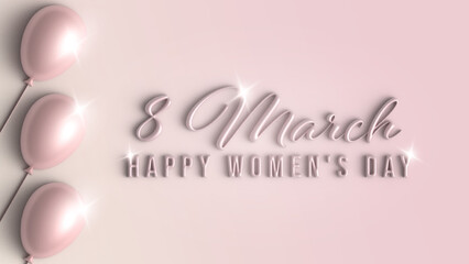 March 8, International Women's Day card. Banner with pink balloon, pastel colours background, 3d.