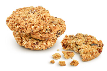 Granola cookie isolated on white background with full depth of field.