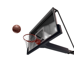 Basketball scene of a orange ball that is entering the basket. 3d rendering