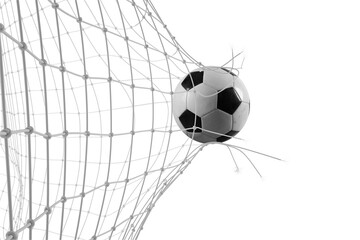 Soccer ball breaks through the net in a football match. 3d rendering