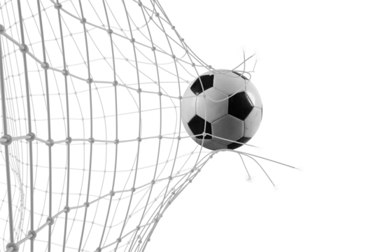 Soccer ball breaks through the net in a football match. 3d rendering
