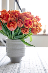 Bouquet of orange tulips in a vase on a blurred light background.