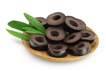 Black olive slices in wooden bowl isolated on a white background with full depth of field.