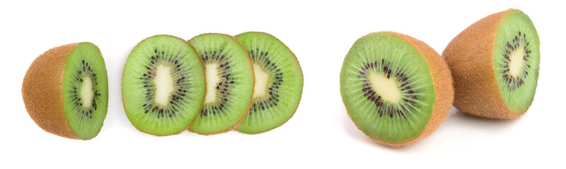 Naklejka na ściany i meble sliced kiwi fruit isolated on white background. Flat lay pattern. Top view